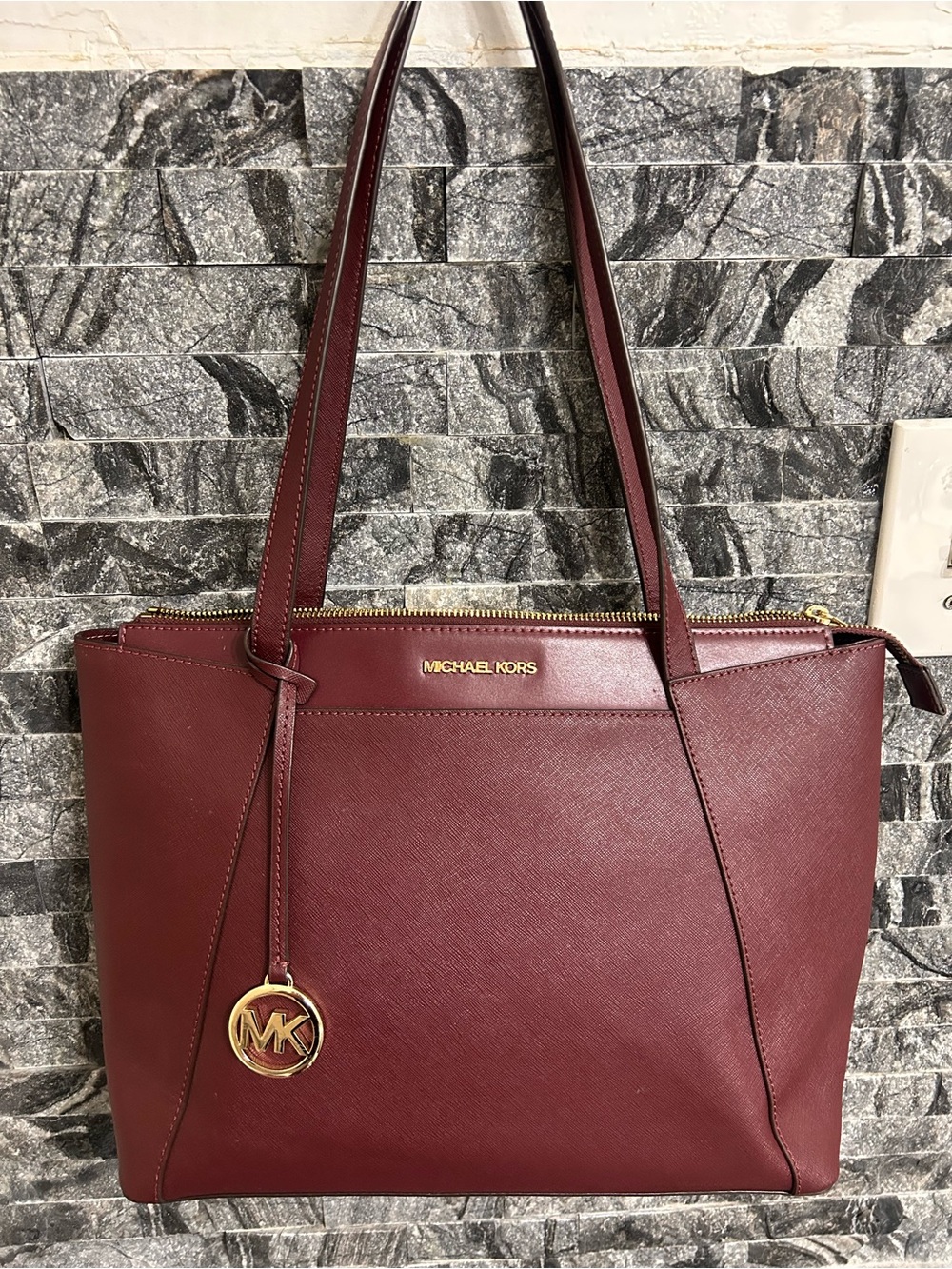 Michael Kors Wine Saffiano Leather Tote with Gold Hardware
